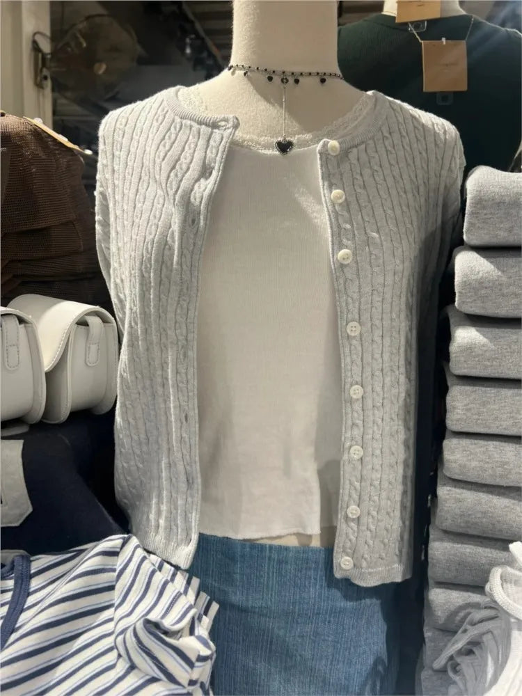 Solid Basic Cotton Long Sleeve Knitted Cardigan Women Simple O-neck Casual Preppy Style Jumper Sweet Prepppy Style Sweater Top