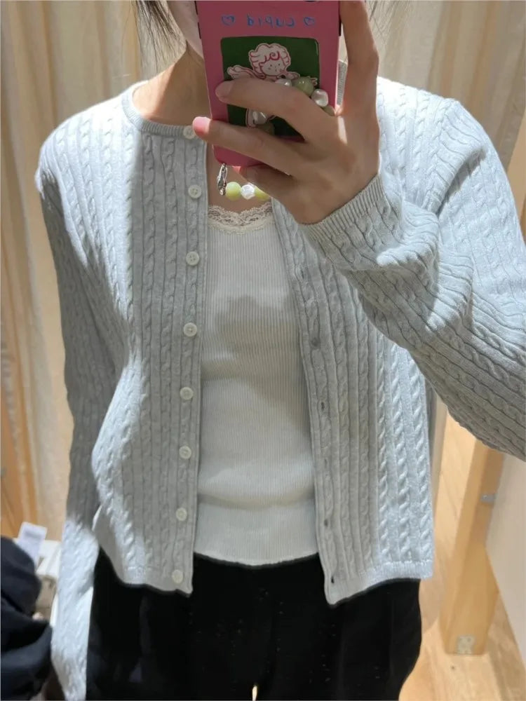 Solid Basic Cotton Long Sleeve Knitted Cardigan Women Simple O-neck Casual Preppy Style Jumper Sweet Prepppy Style Sweater Top