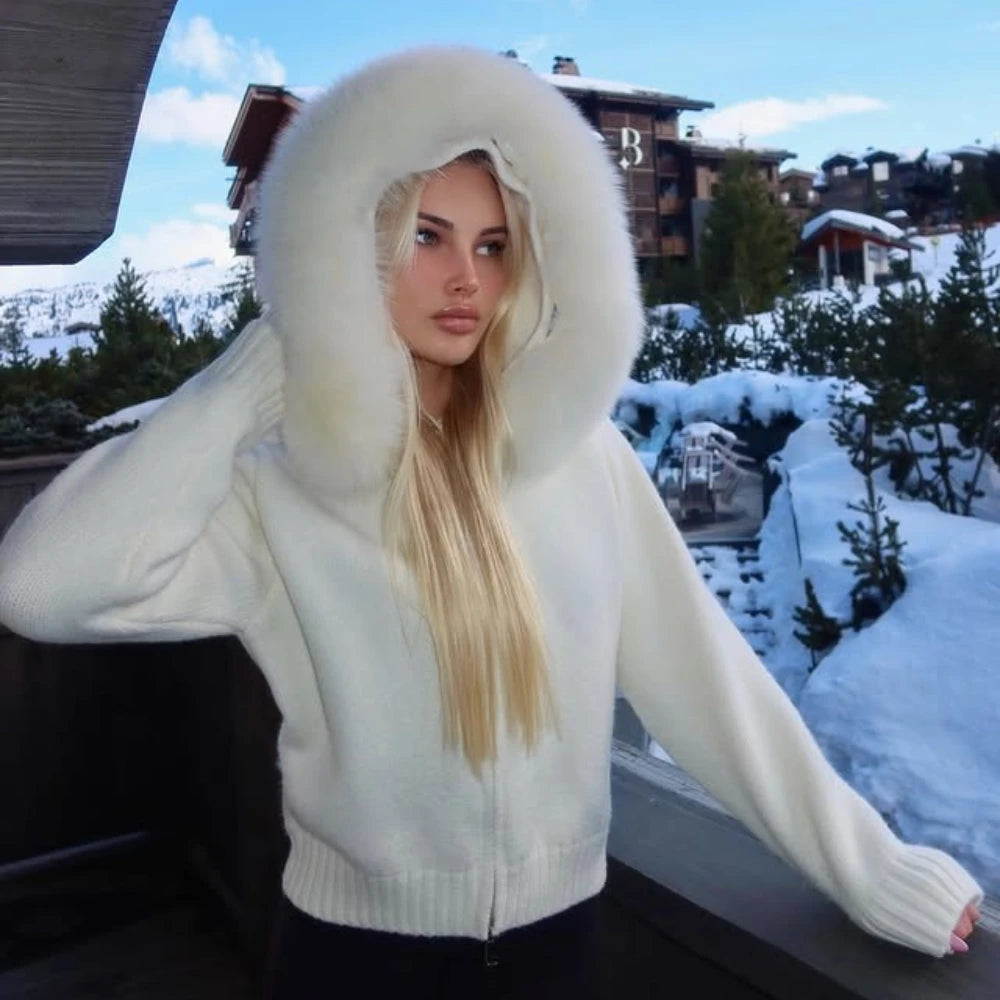 OFTBUY Real Fox Fur Kintwear Women 2025 New Spring Autumn Hooded Sweater Female Loose Zipper Kintted Jacket Oversized Cardigan