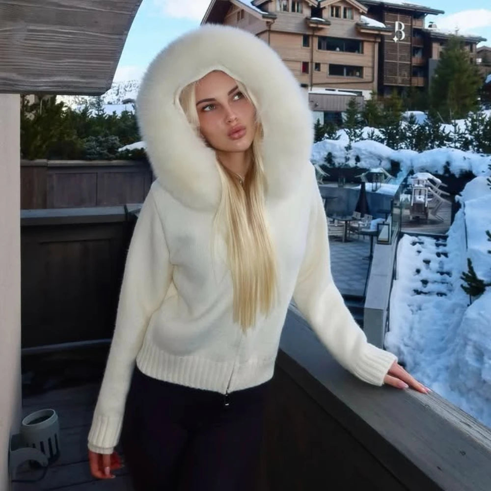 OFTBUY Real Fox Fur Kintwear Women 2025 New Spring Autumn Hooded Sweater Female Loose Zipper Kintted Jacket Oversized Cardigan